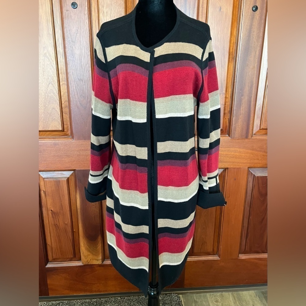 Chicos Women Long Open Duster Cardigan Black Red Beige Striped size L